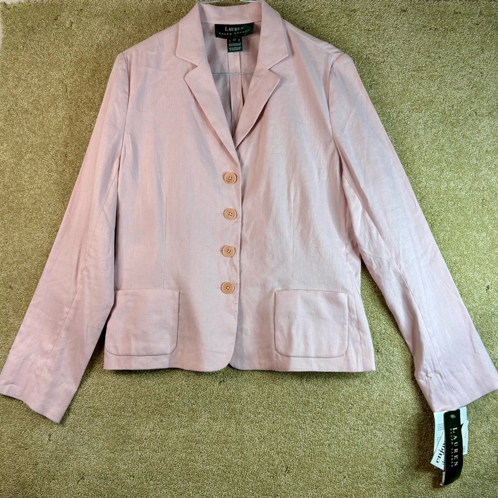 New Ralph Lauren 2PC Pink Linen Blend Pantsuit Women's Jacket 10, Pants 8 Pink